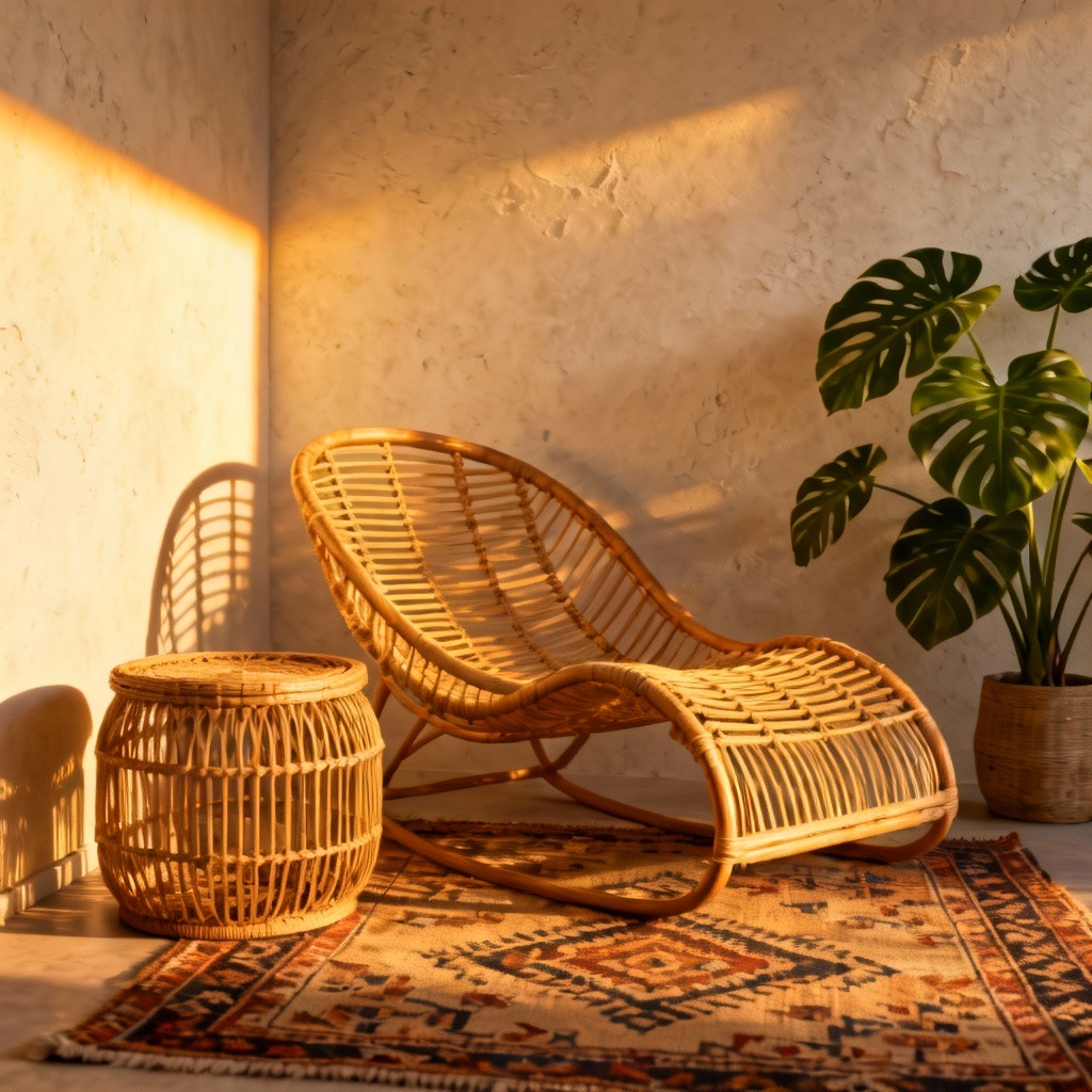 AI boho rattan accent chair and table