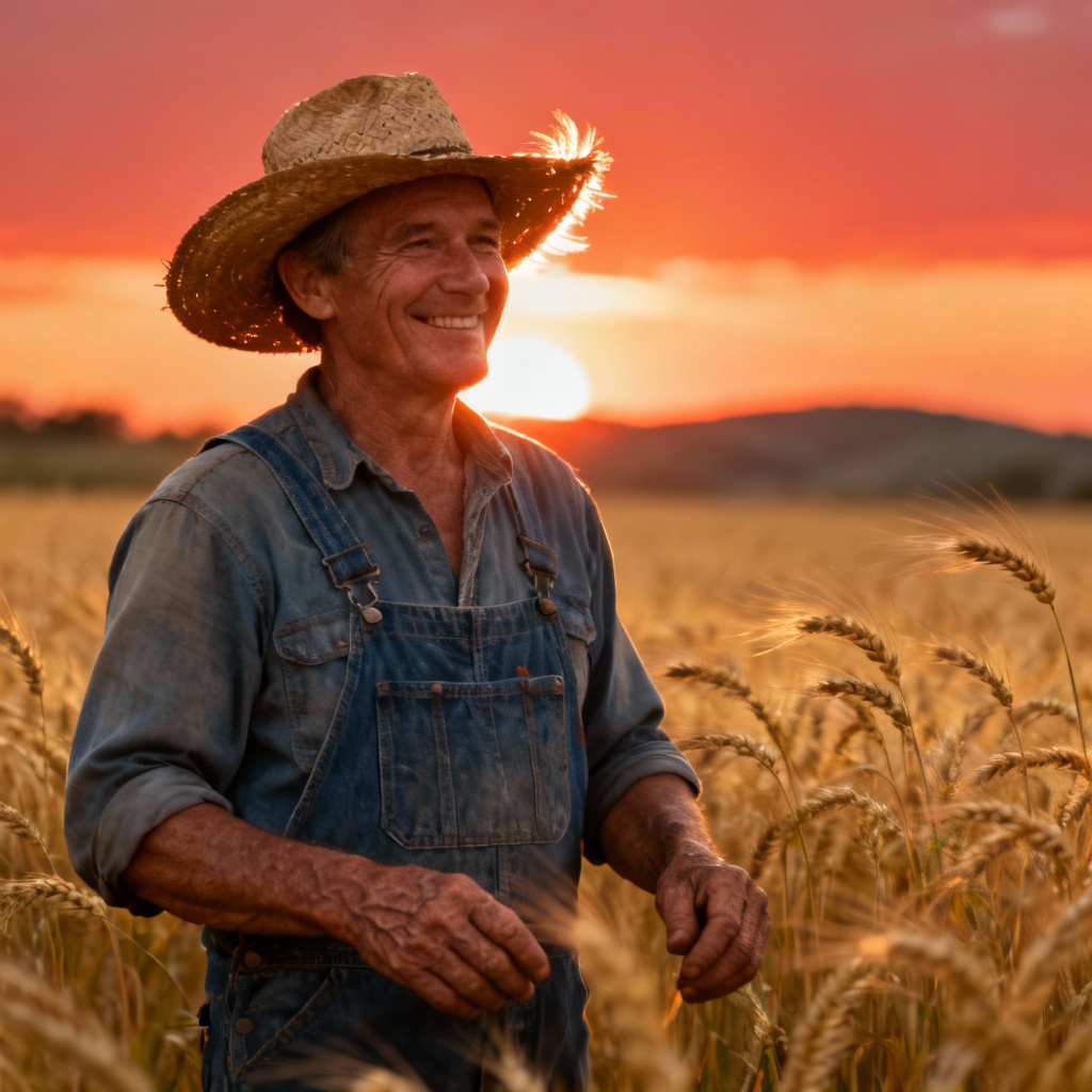 AI farmer portrait in golden wheat field at sunset