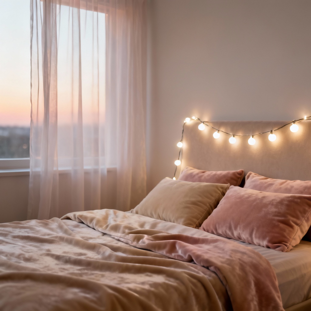 AI bedroom with fairy lights and warm tones