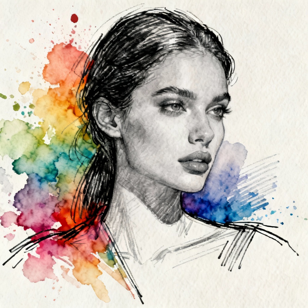 AI colorful watercolor portrait line art