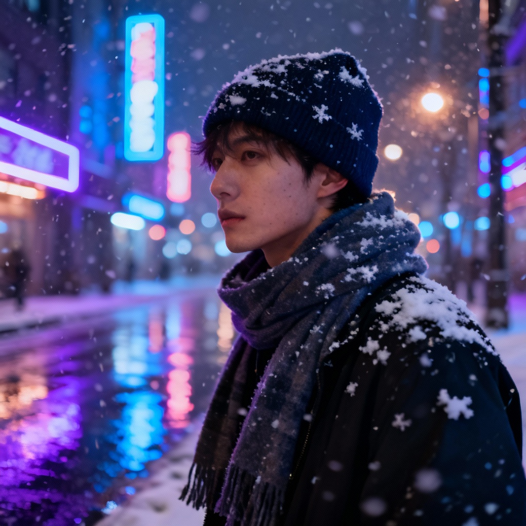 AI snowy neon city night portrait