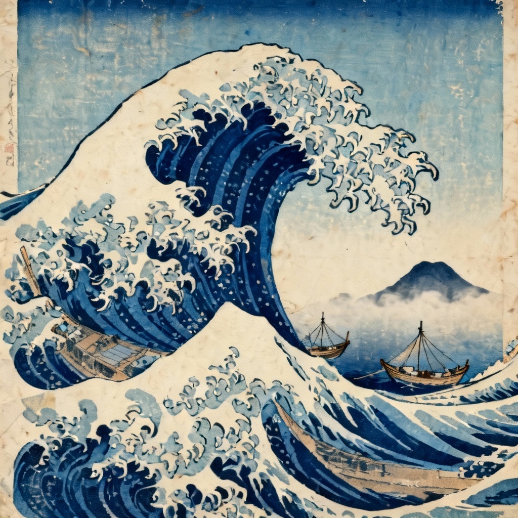 AI ukiyo-e wave and fishing boats in stormy sea