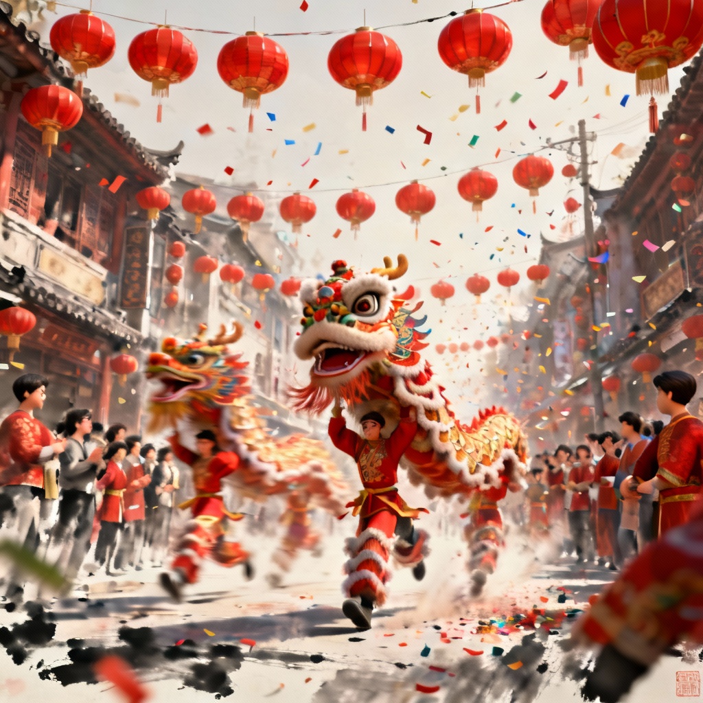 AI Lunar New Year dragon dance with red lanterns