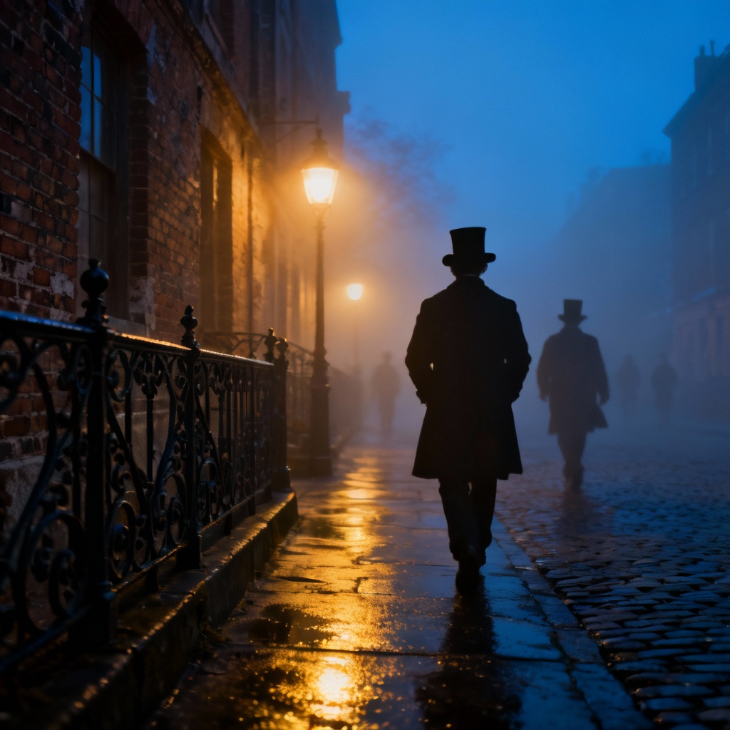 AI Victorian street scene with fog and gas lamps