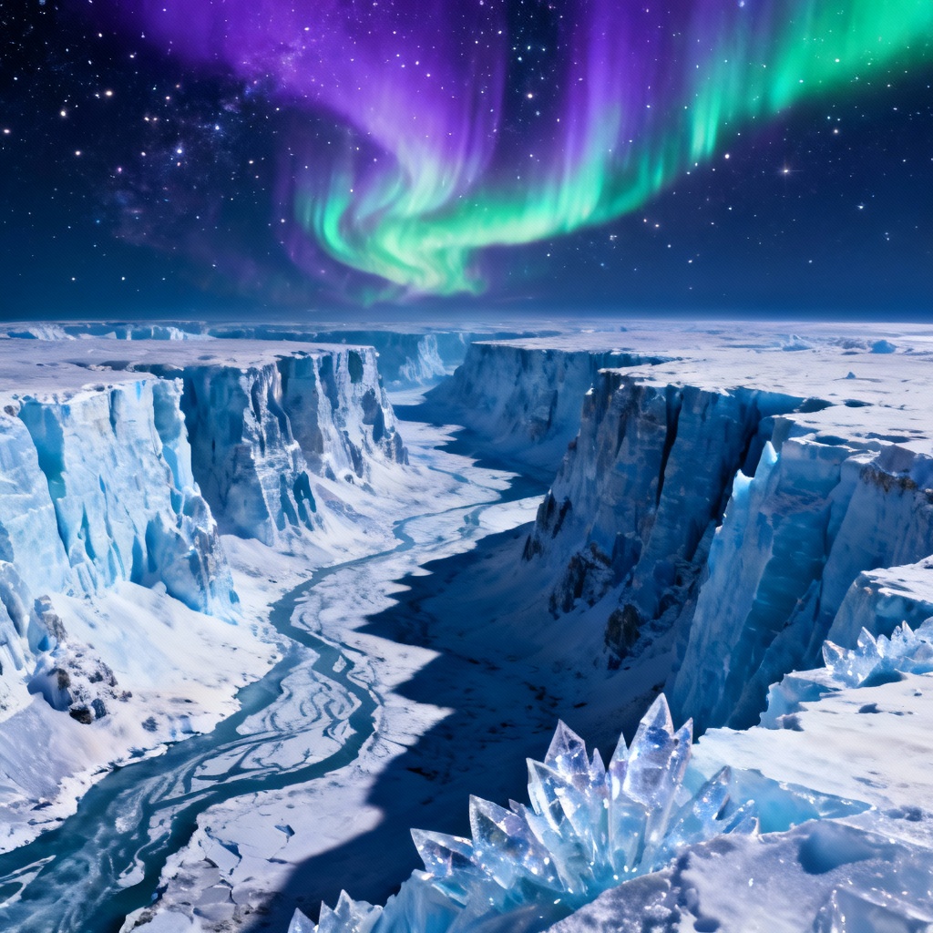 Frozen canyons with aurora above a blue exomoon