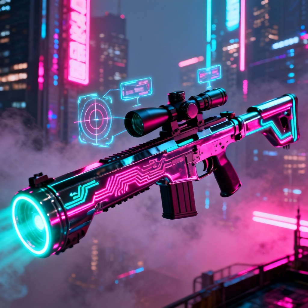 Futuristic cyberpunk sniper rifle glowing with neon lights