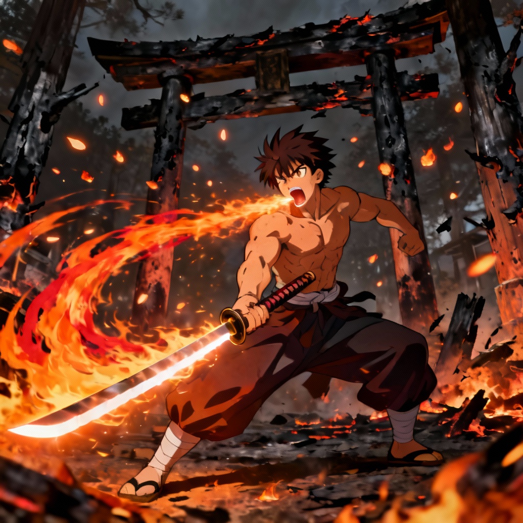 AI flame breathing warrior striking in a burning shrine