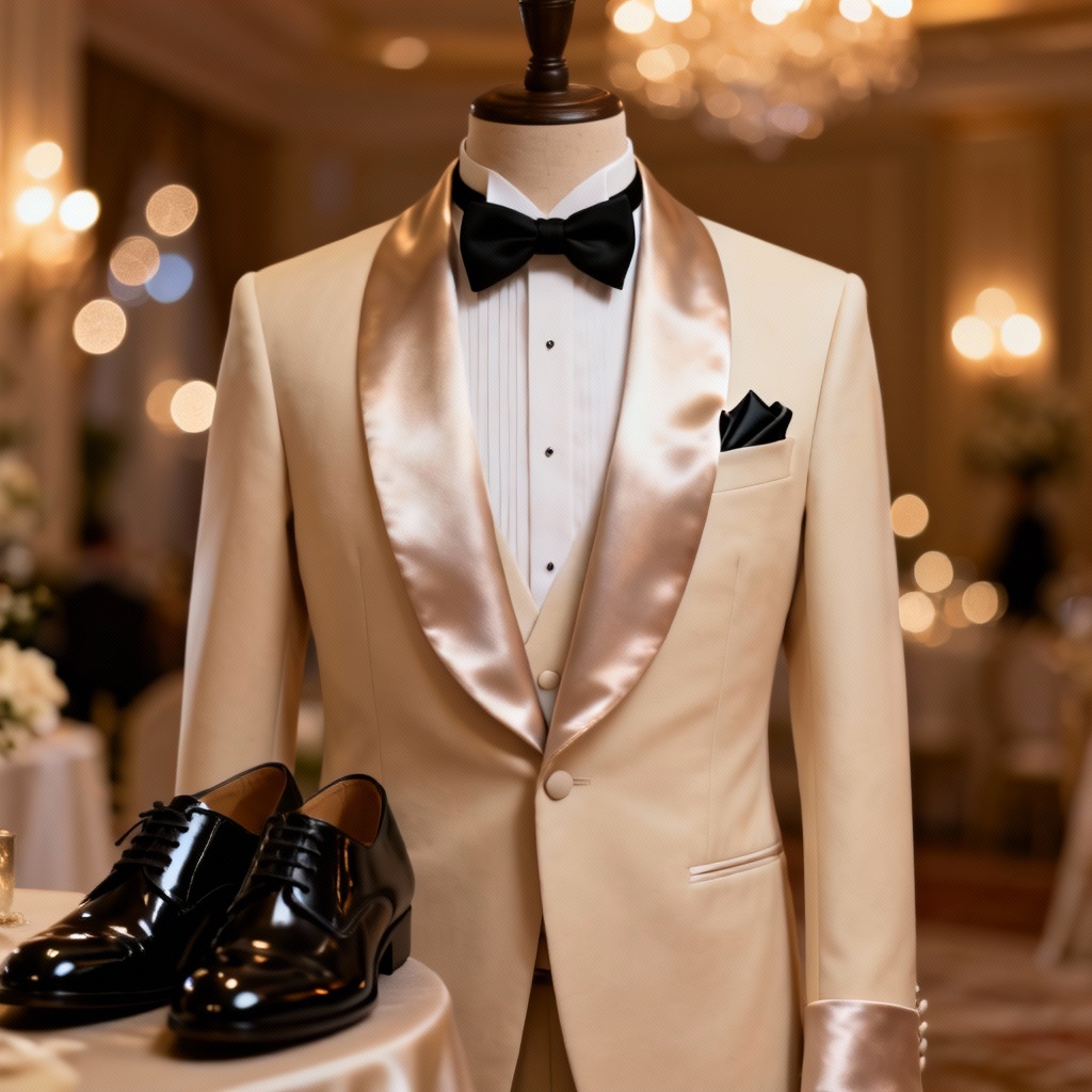 AI cream beige tuxedo with bow tie