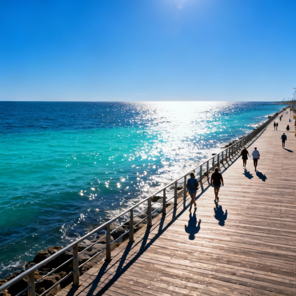 AI sunny day at coastal boardwalk