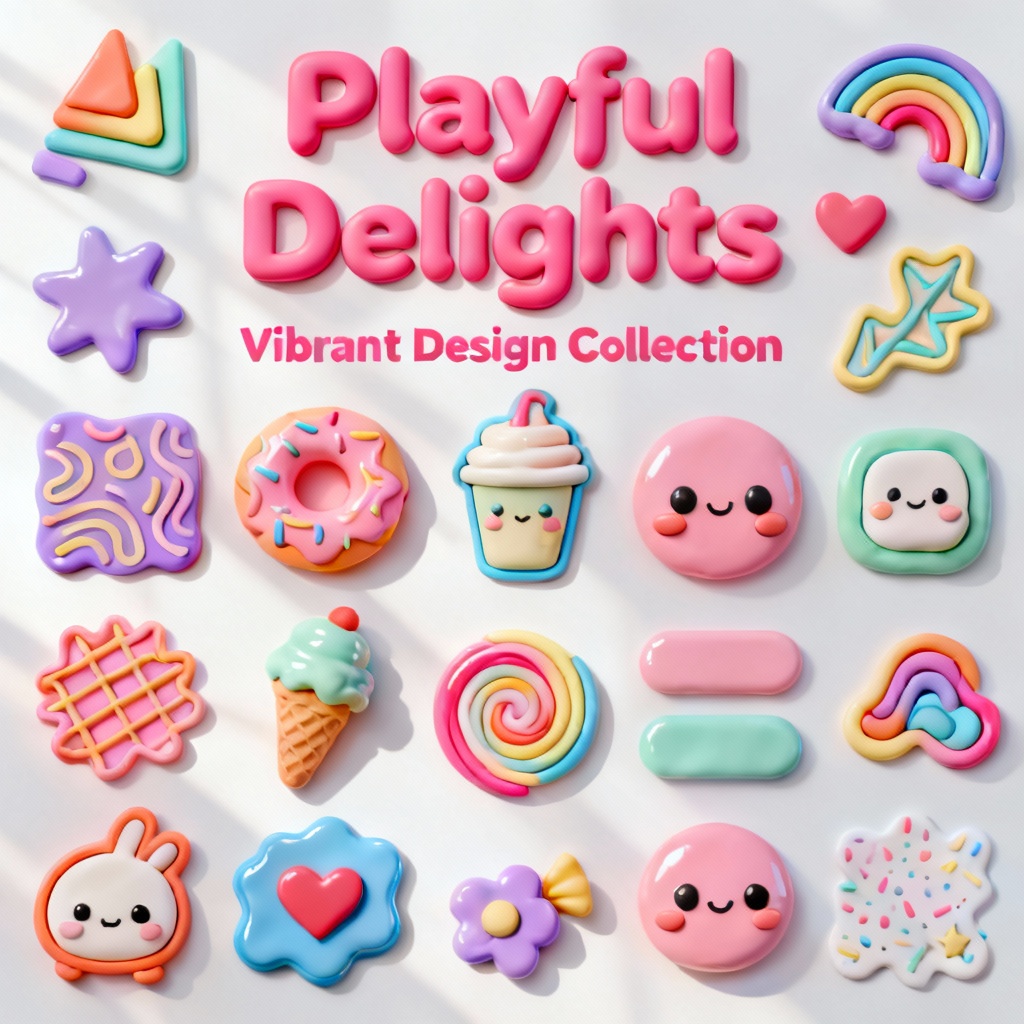 AI playful theme moodboard with bright palette, stickers, doodle patterns, and bubbly UI