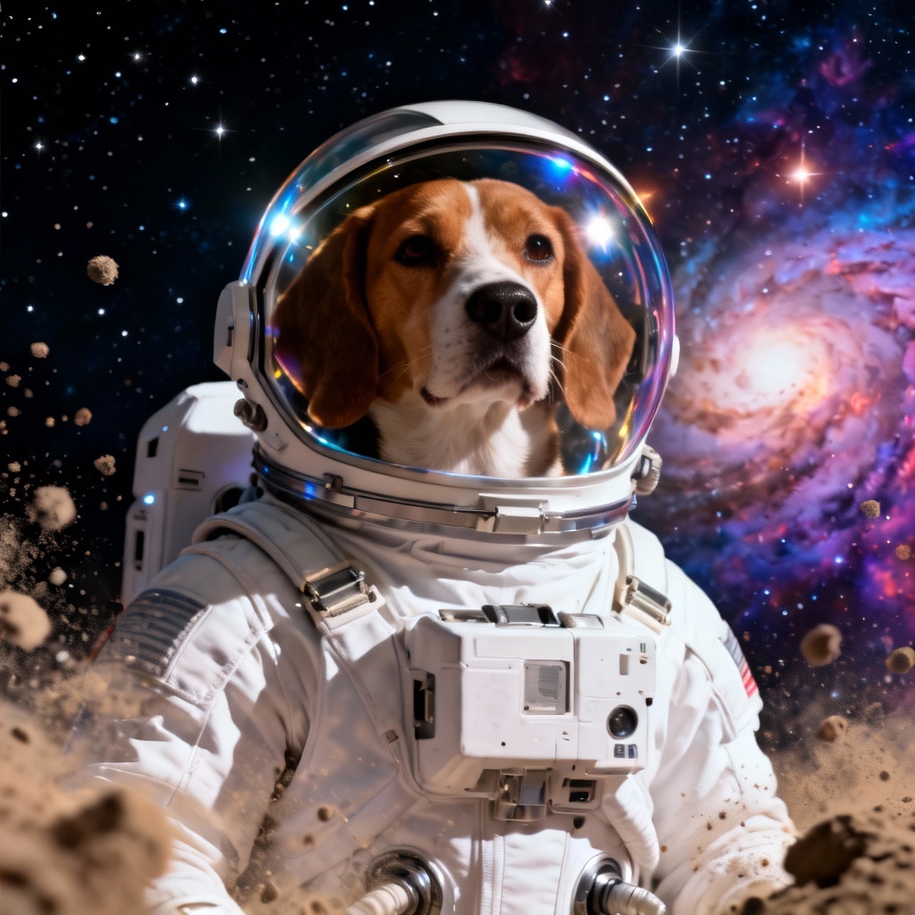 AI dog astronaut cosplay with nebula background