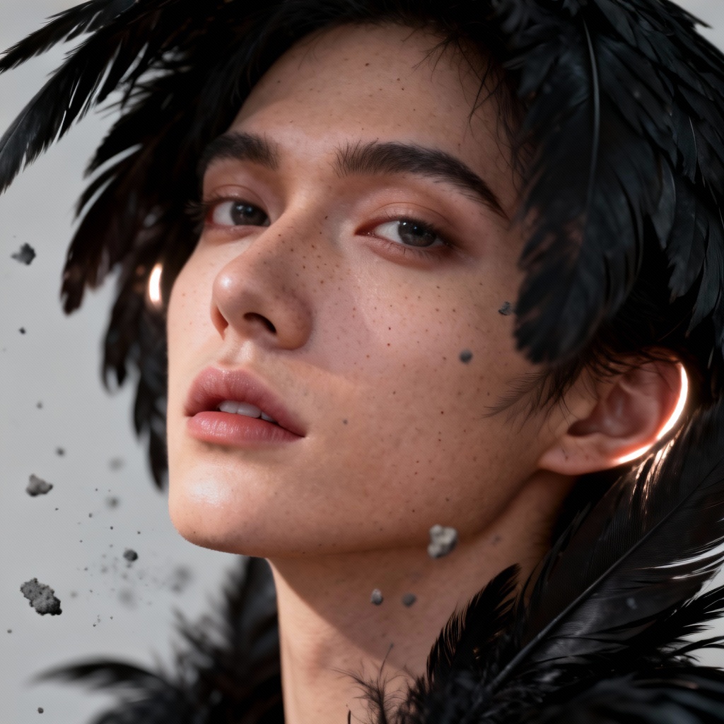 Realistic portrait of a dark angel with black feathers