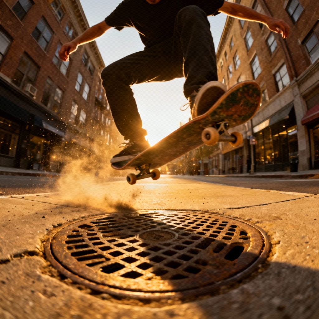 AI fisheye kickflip skate photo on a downtown street