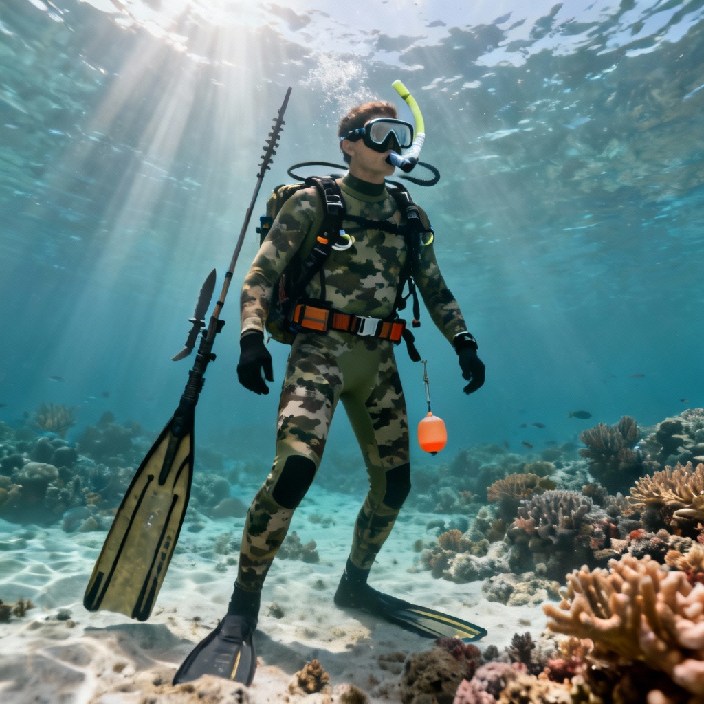 Camo wetsuit and long fins spearfishing gear set