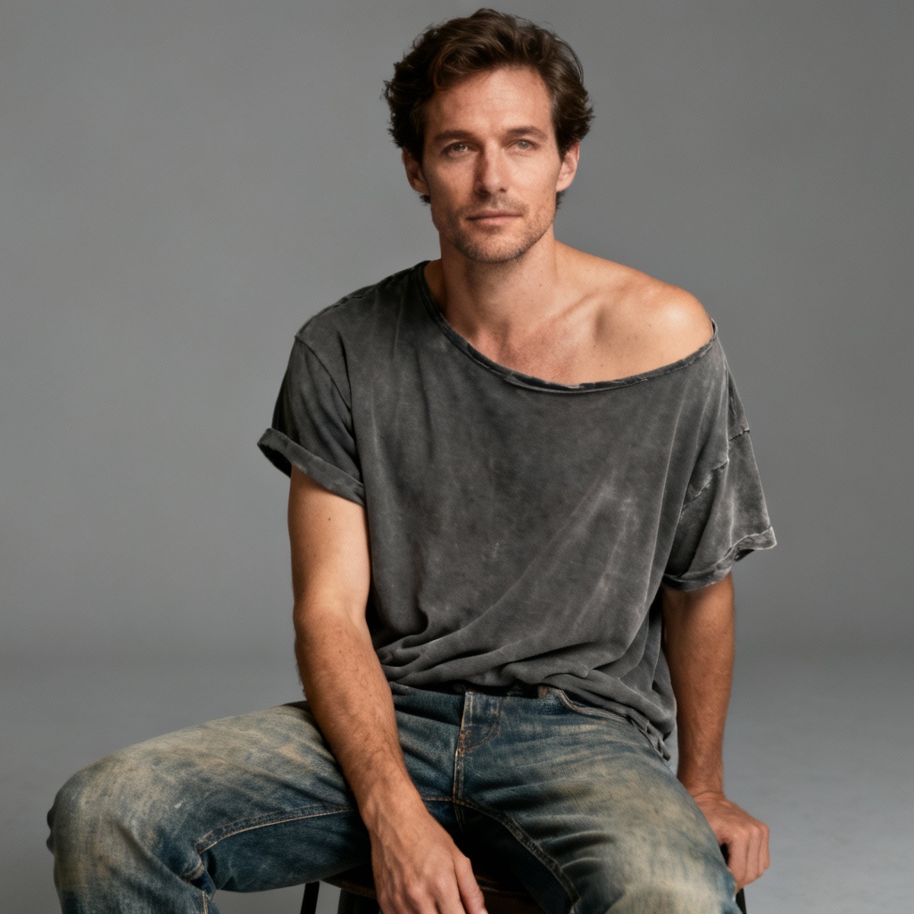 AI casual off-shoulder tee with denim lookbook shot