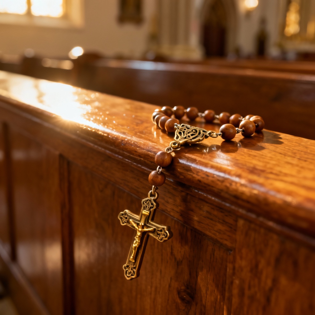 AI photo of rosary on church pew