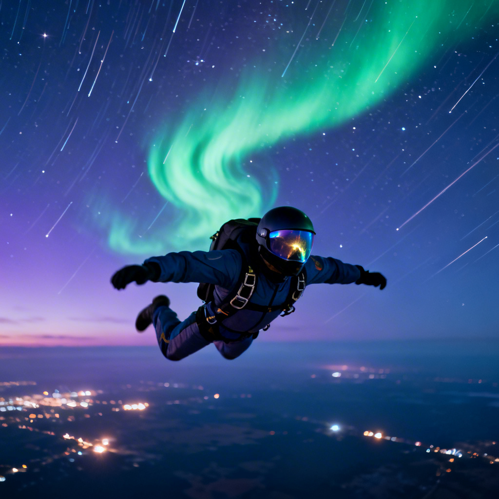 AI night skydive with star trails and city glow