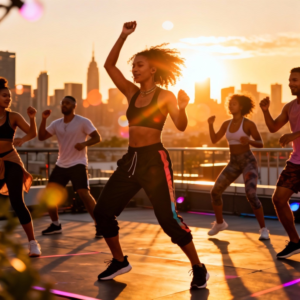 AI Zumba rooftop session at sunset with reggaeton vibes