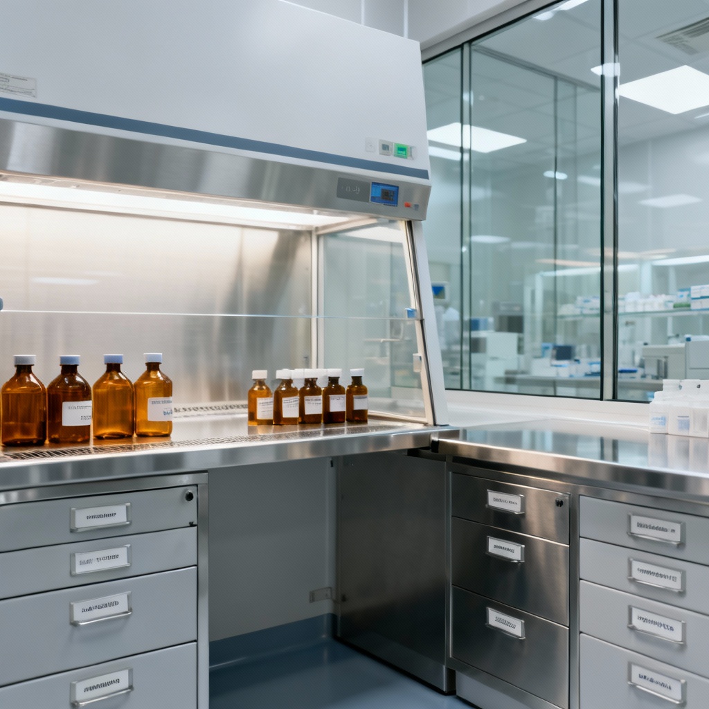 AI pharmacy compounding cleanroom with laminar flow hood