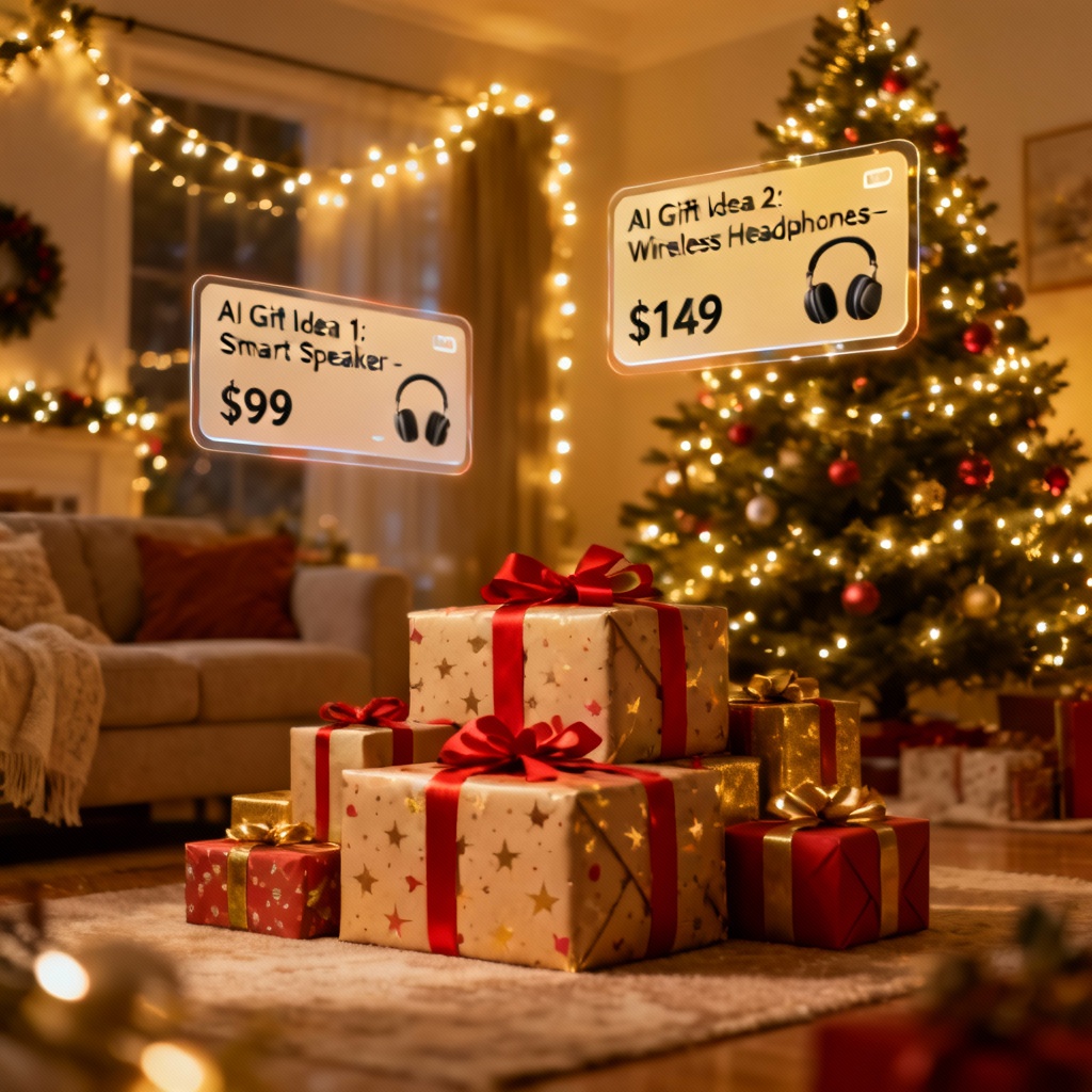 AI Christmas gift generator UI over a cozy living room with wrapped presents