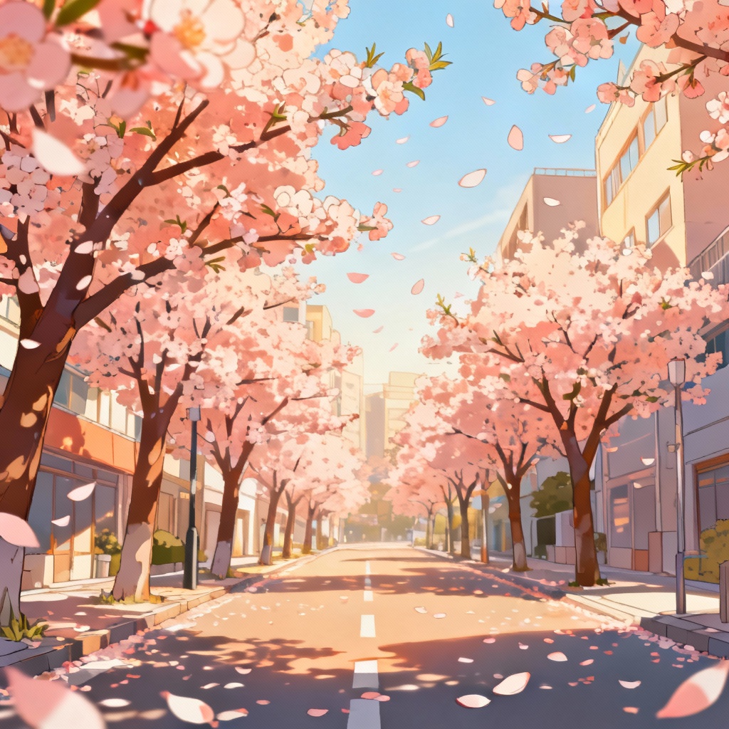 Anime spring street lined with peach blossom trees