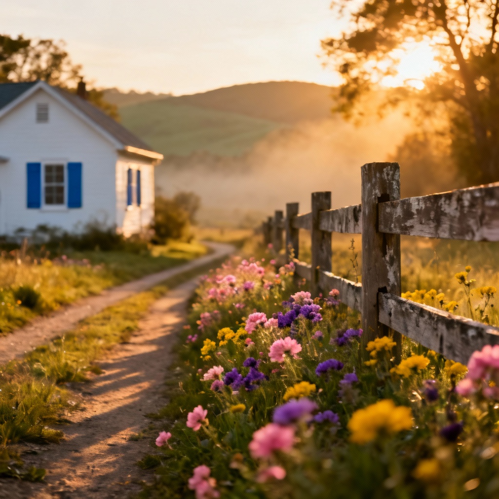 AI rural lifestyle image of a sunlit country lane with farmhouse