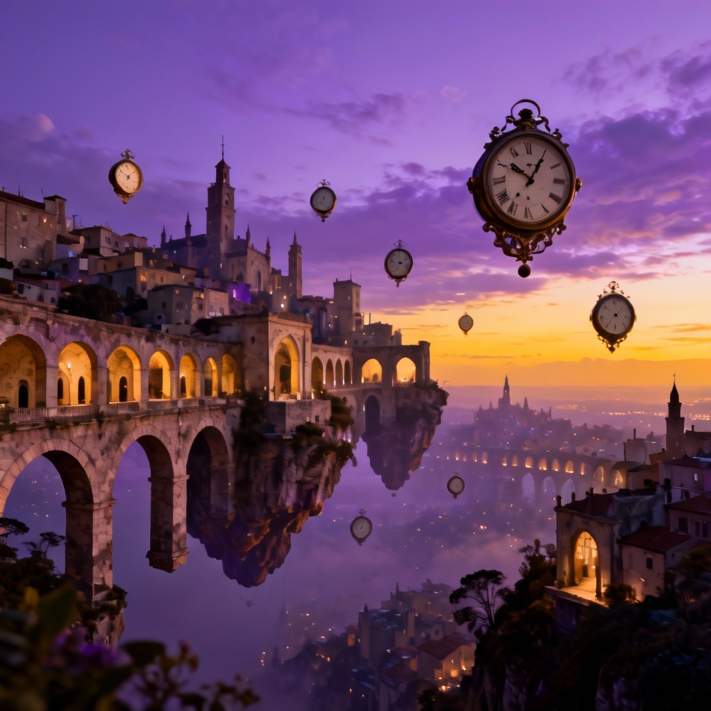 AI surreal floating city with clocks, arches, and twilight clouds