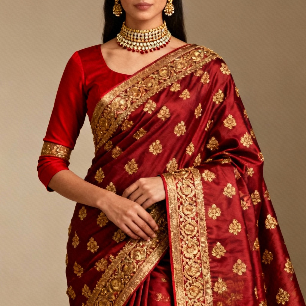 Regal red Banarasi bridal saree with gold zari and brocade border
