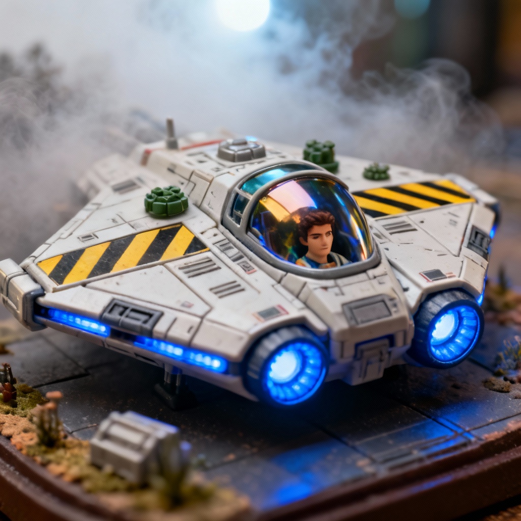 AI diorama selfie in a miniature sci fi hangar bay