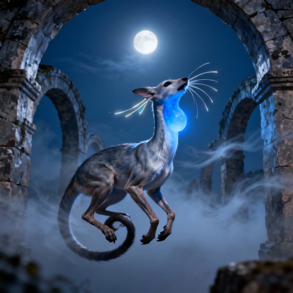 AI alien quadruped calling beneath floating arches