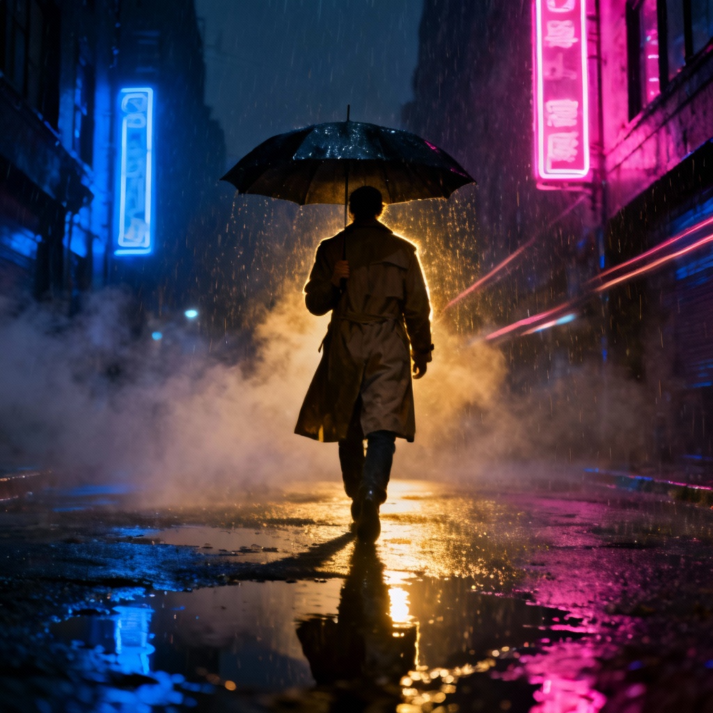 AI-generated neon rain city at midnight with reflections and fog