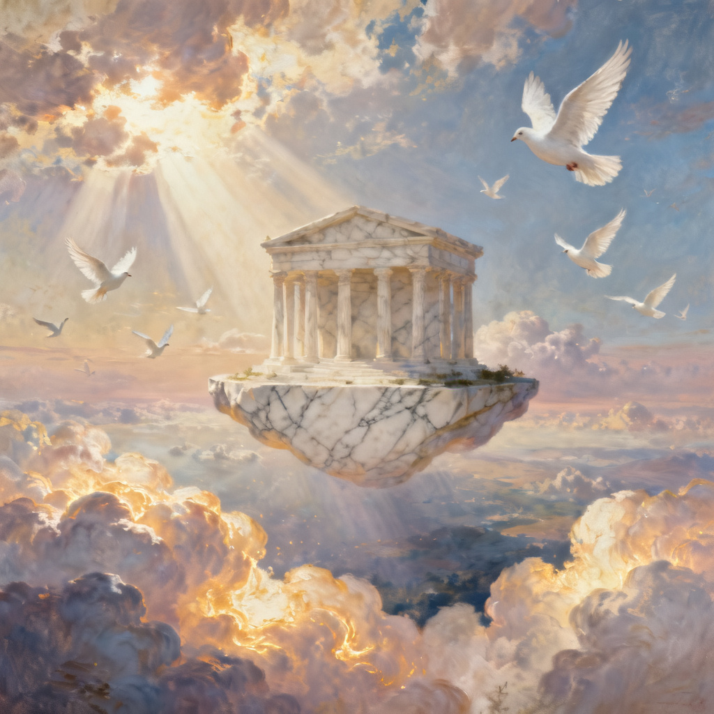 AI heavenly landscape with floating temple and doves