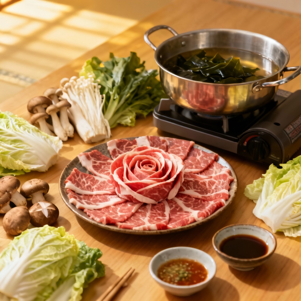 Elegant shabu-shabu set with wagyu and vegetables