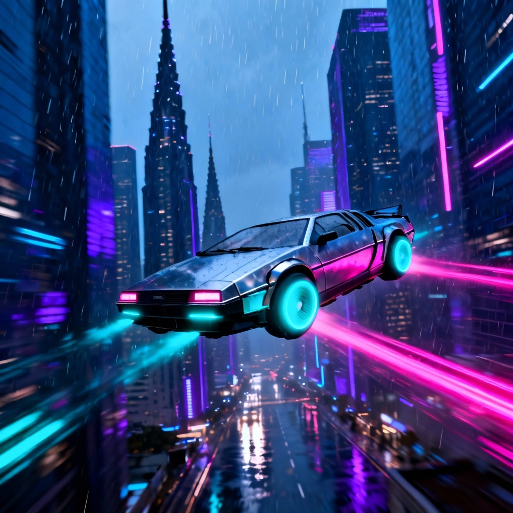 AI flying car above futuristic city