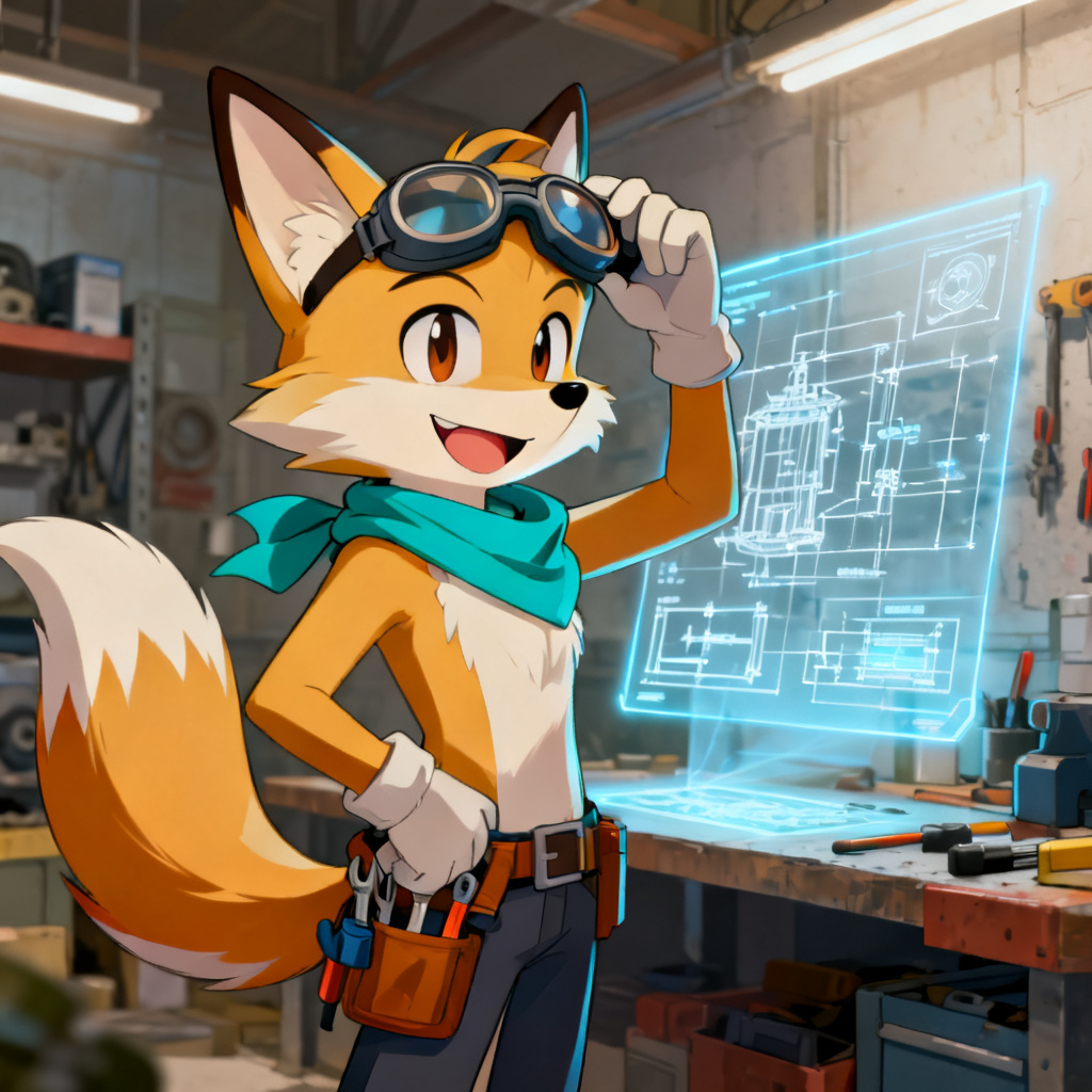 AI Sonic OC tech fox with tools and hologram
