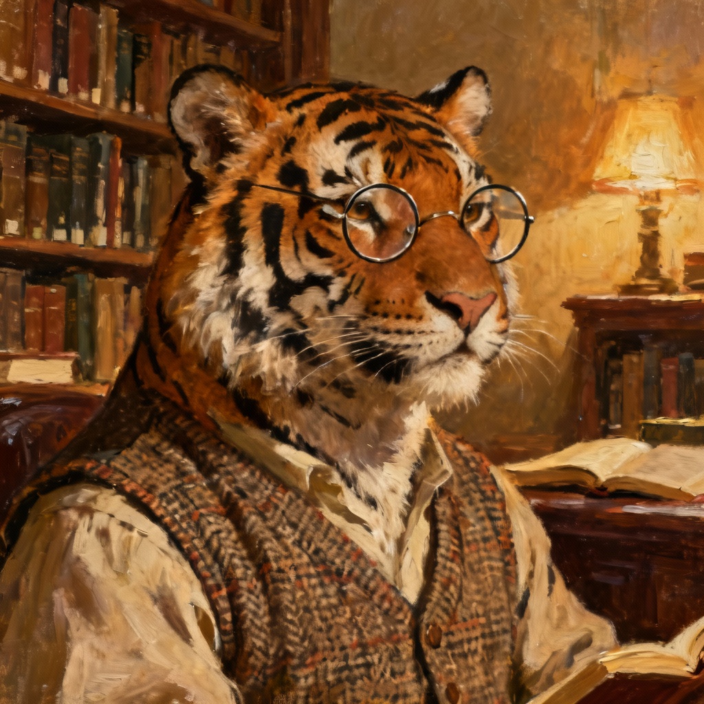 AI tiger furry scholar reading in a vintage library