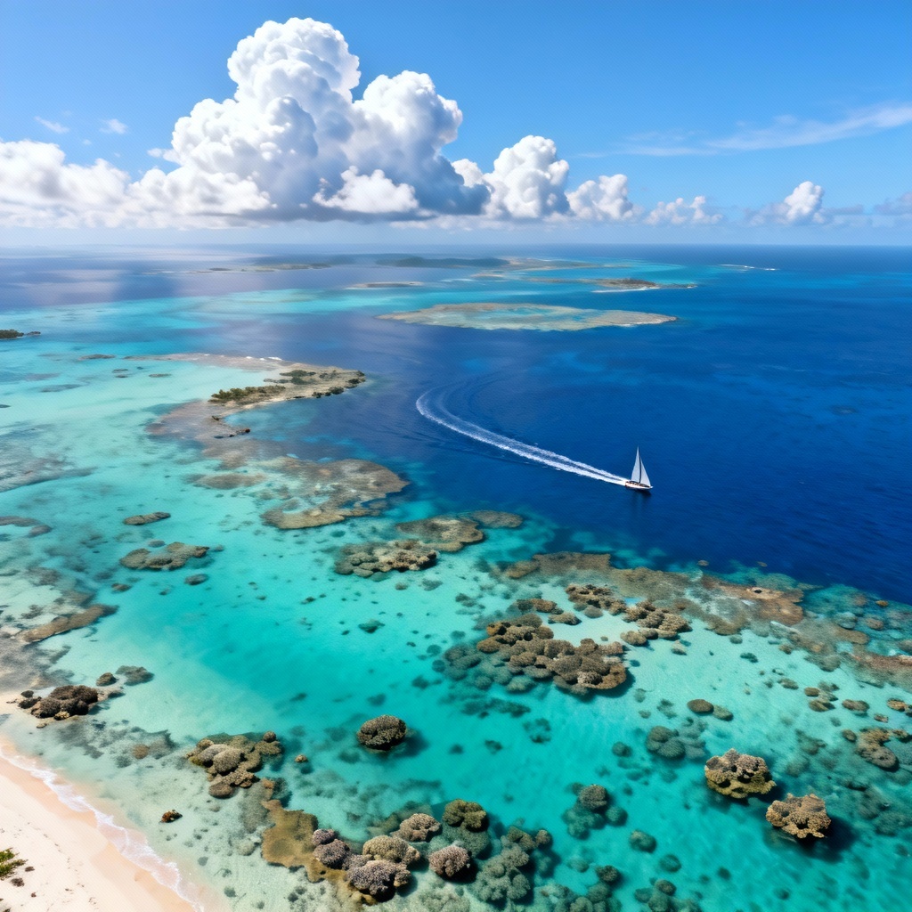 AI aerial view of tropical island archipelago and coral reefs