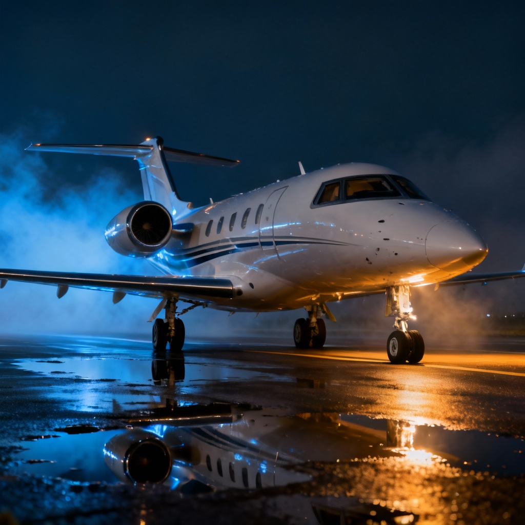 AI private jet on a nighttime runway with cinematic lighting
