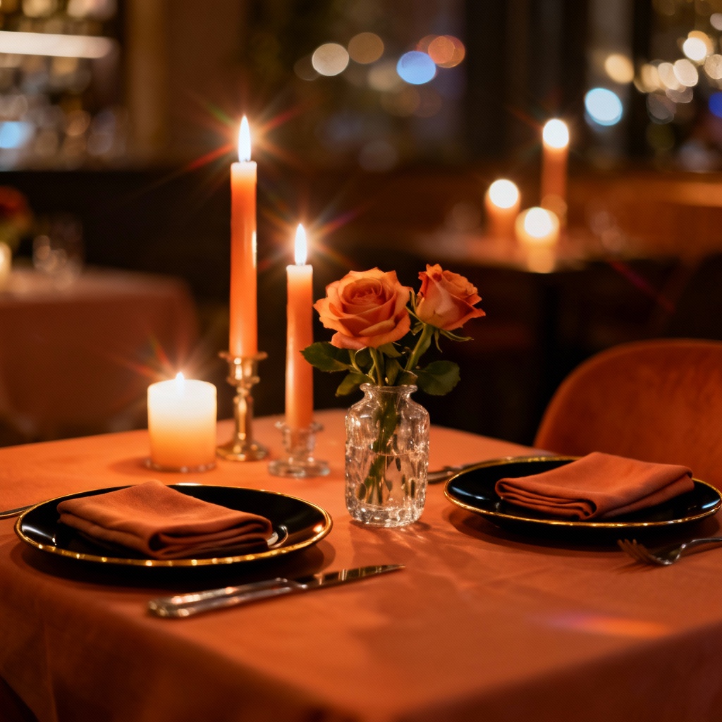 AI candlelit dinner table with soft glow and roses