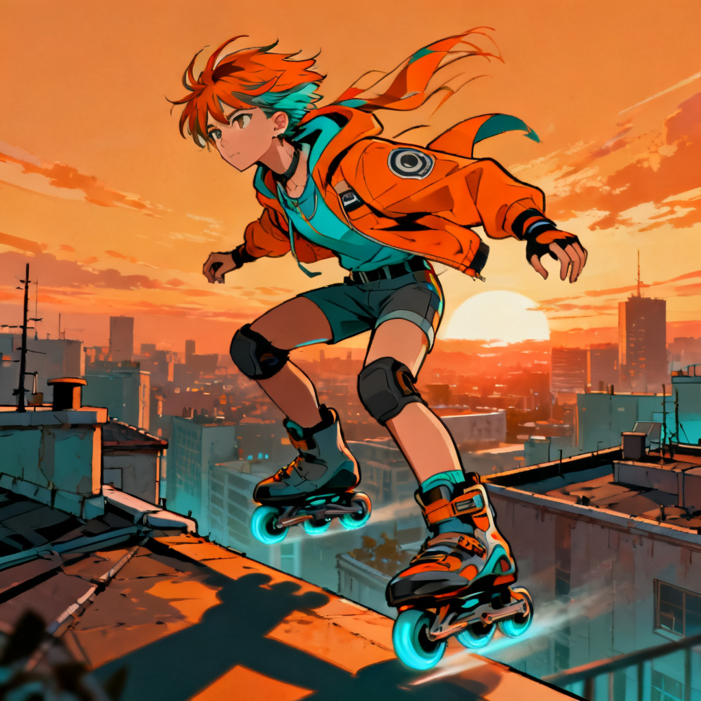 AI hover skater courier original character in motion