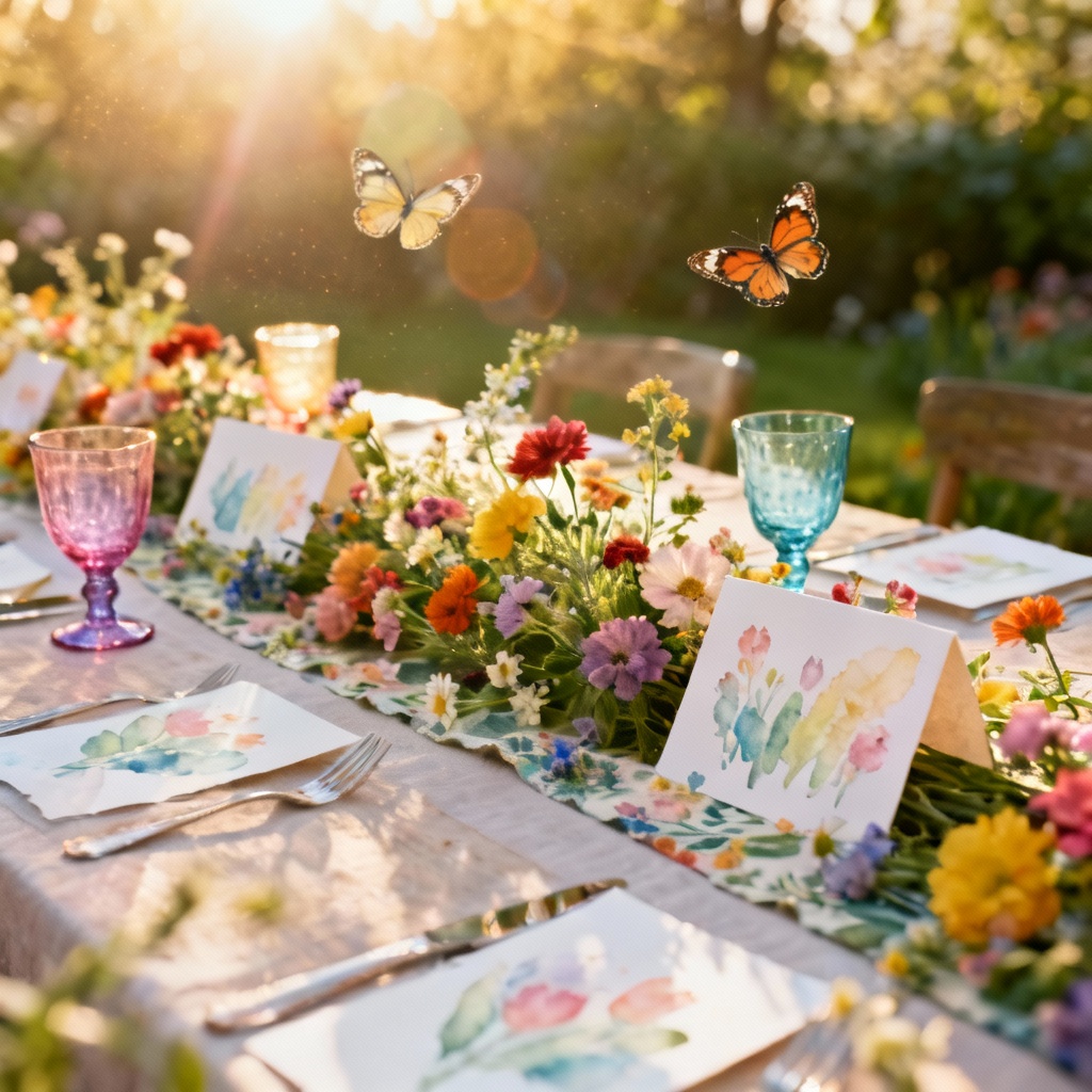 AI whimsical garden wedding table setup