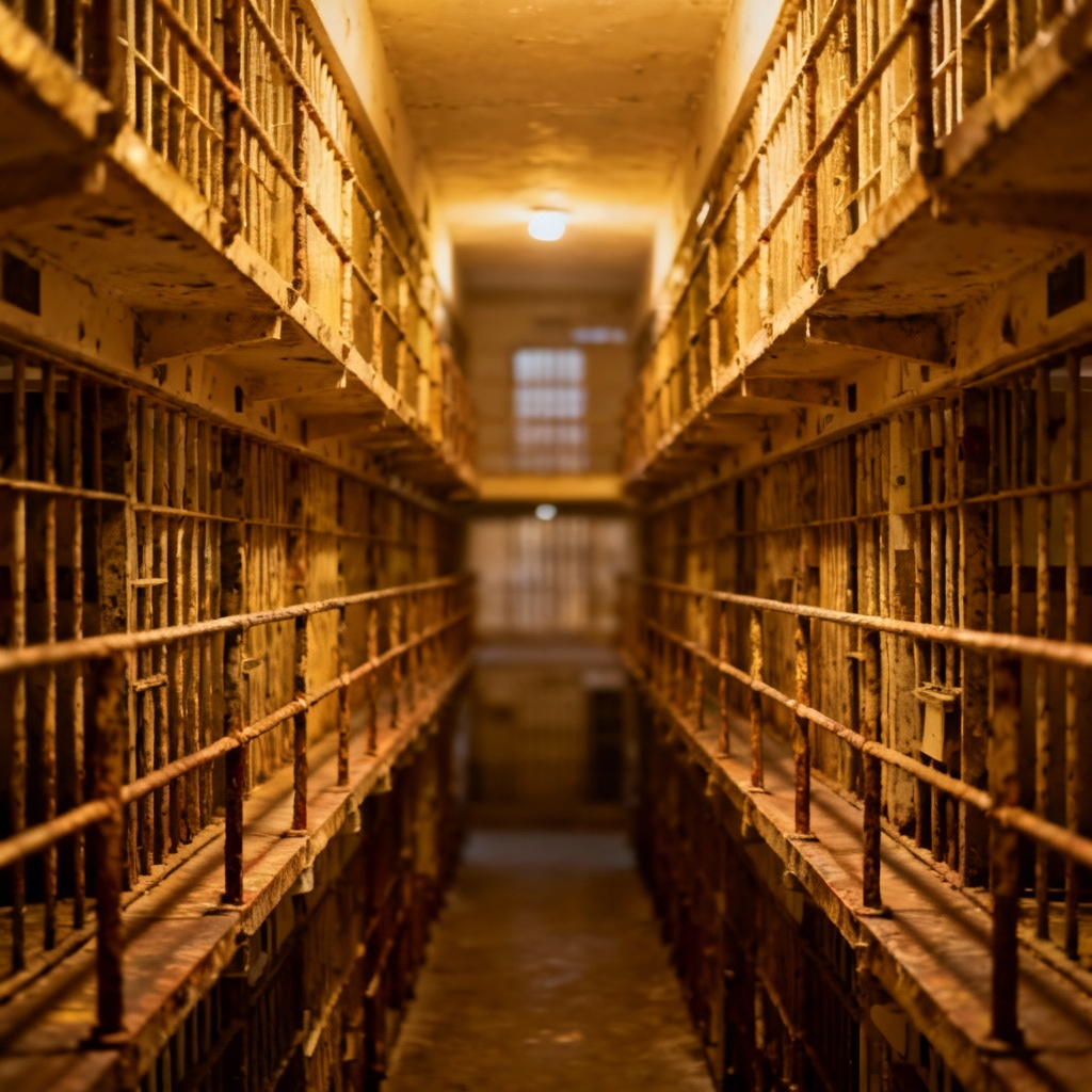 Realistic vintage prison cell block corridor