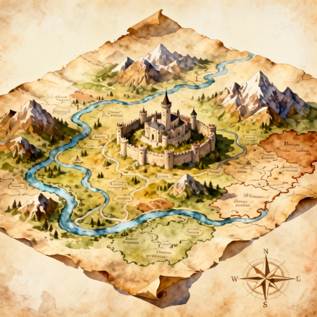 AI fantasy kingdom map on parchment with castles and rivers