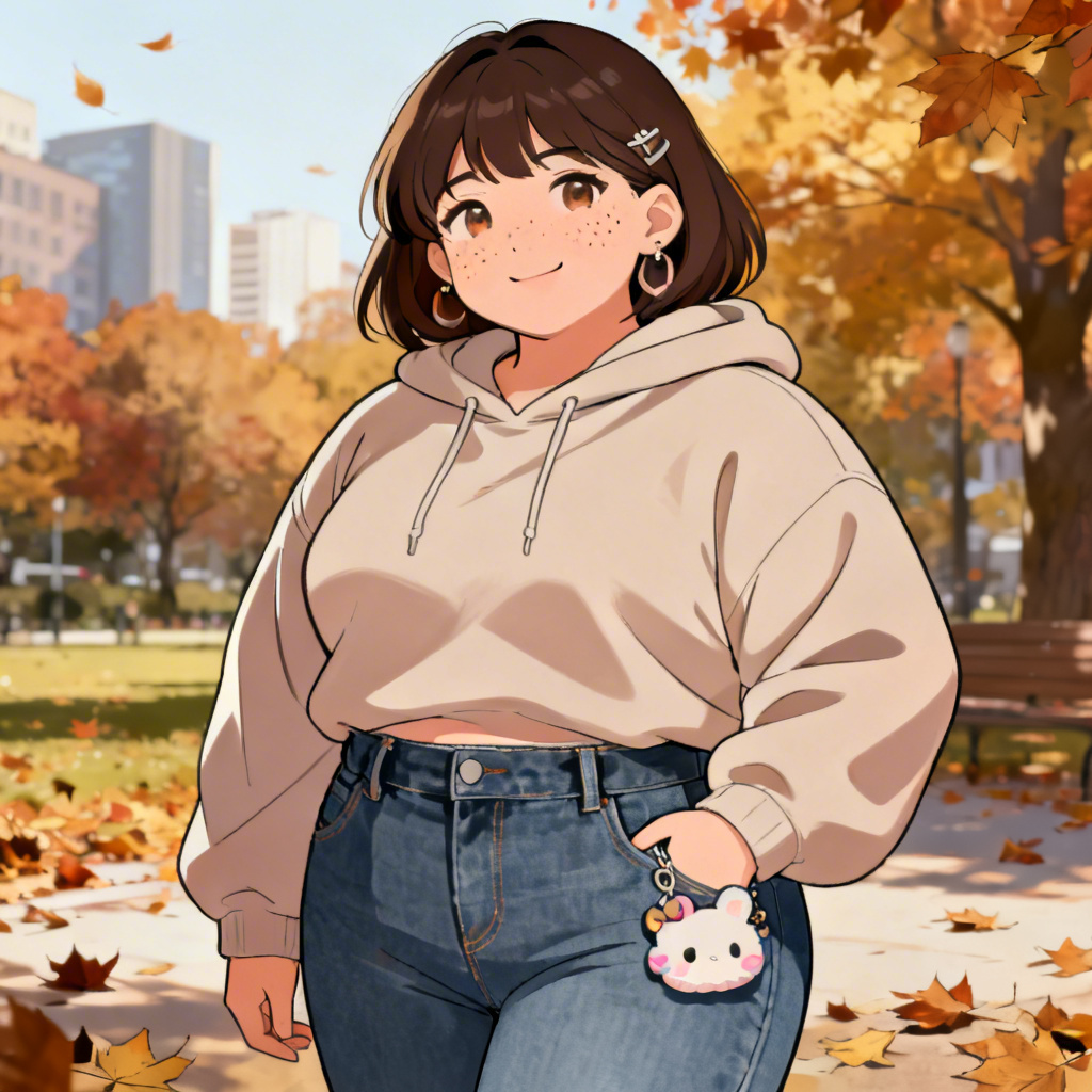 Adult chubby anime girl in cozy streetwear with soft cel shading