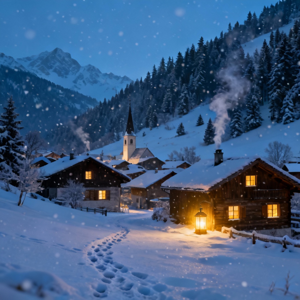 AI winter alpine rustic village with snow and lantern-lit windows