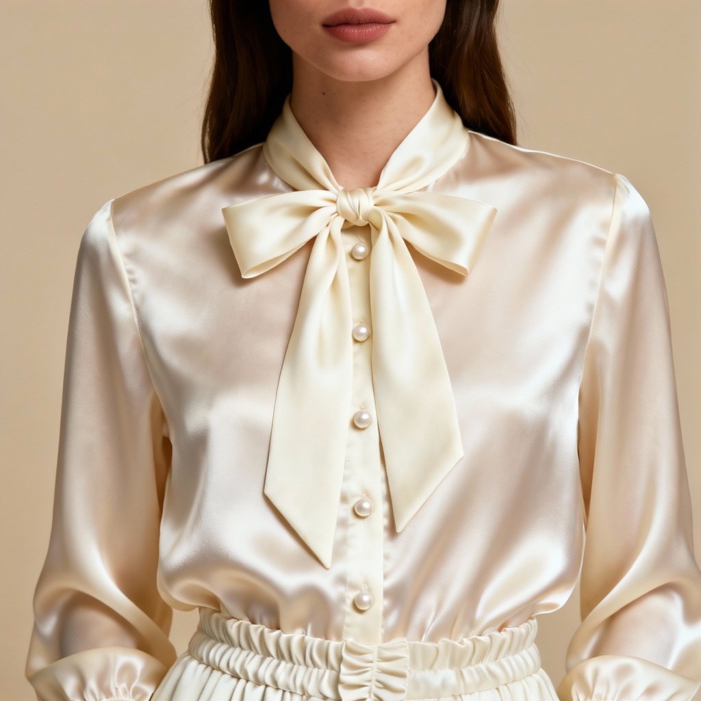 AI cream blouse on model against neutral studio background