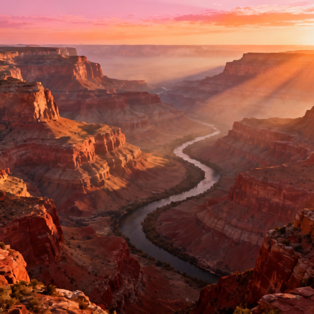 AI sunrise over layered red rock canyon