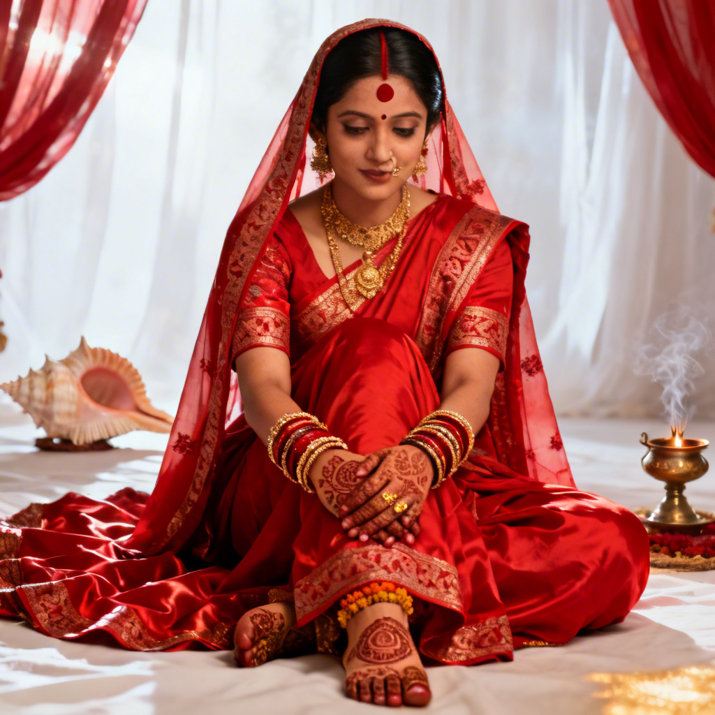 AI Bengali bride in red-white saree with alta and bindi