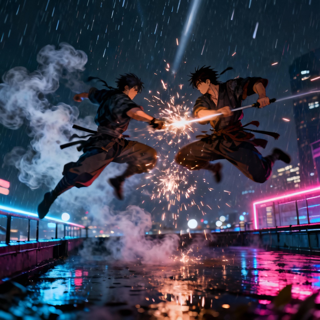 AI fight scene of two warriors clashing on a neon rooftop at night
