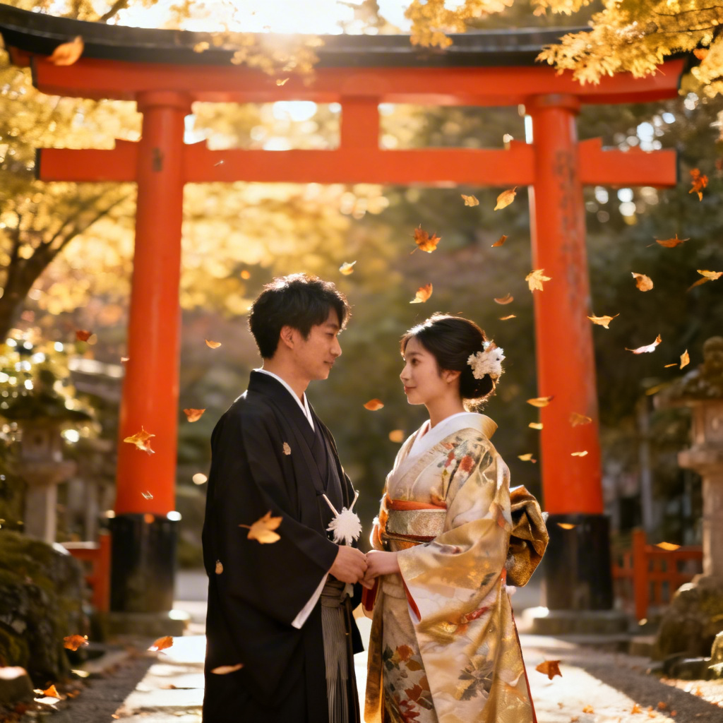 Japanese shrine AI wedding couple in classic kimono
